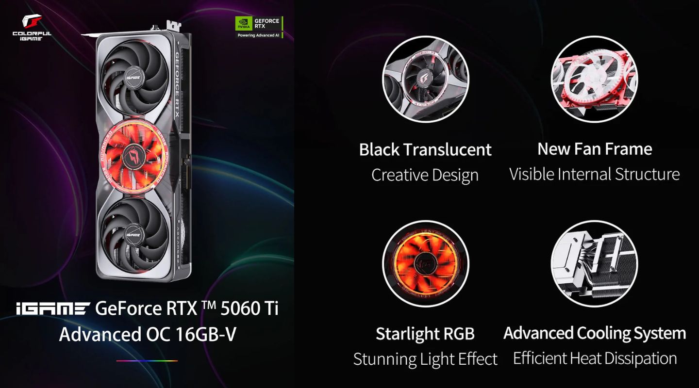 Card Màn Hình iGame GeForce RTX 5060 Ti Advanced OC 16GB-V 2 card-man-hinh-igame-geforce-rtx-5060-ti-advanced-oc-16gb-v