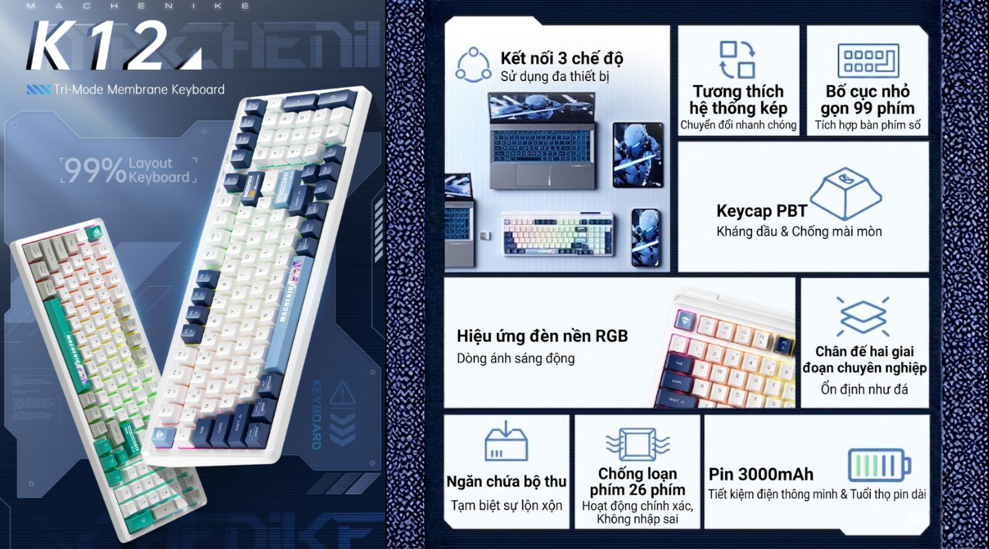 Bàn Phím Machenike K12 Tri-mode 98 Phím LED RGB 3000mAh 2 ban-phim-machenike-k12-tri-mode-1