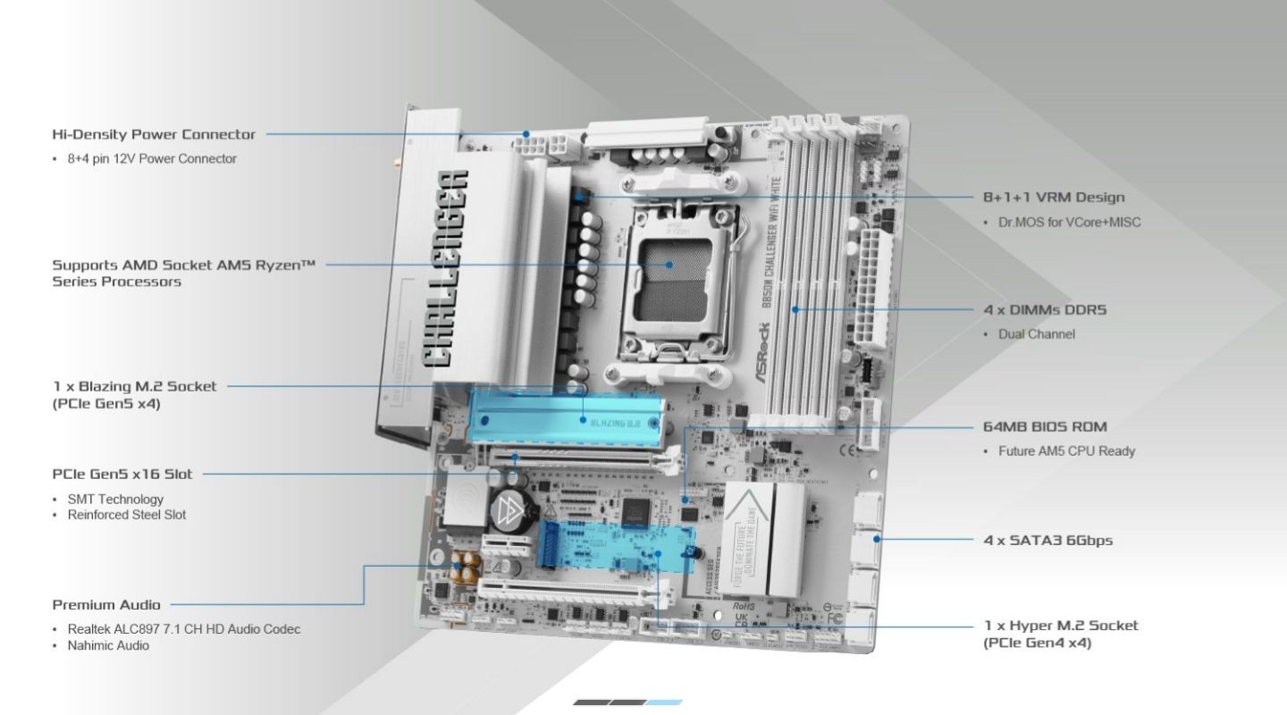 mainboard asrock b850m challenger wifi white 2