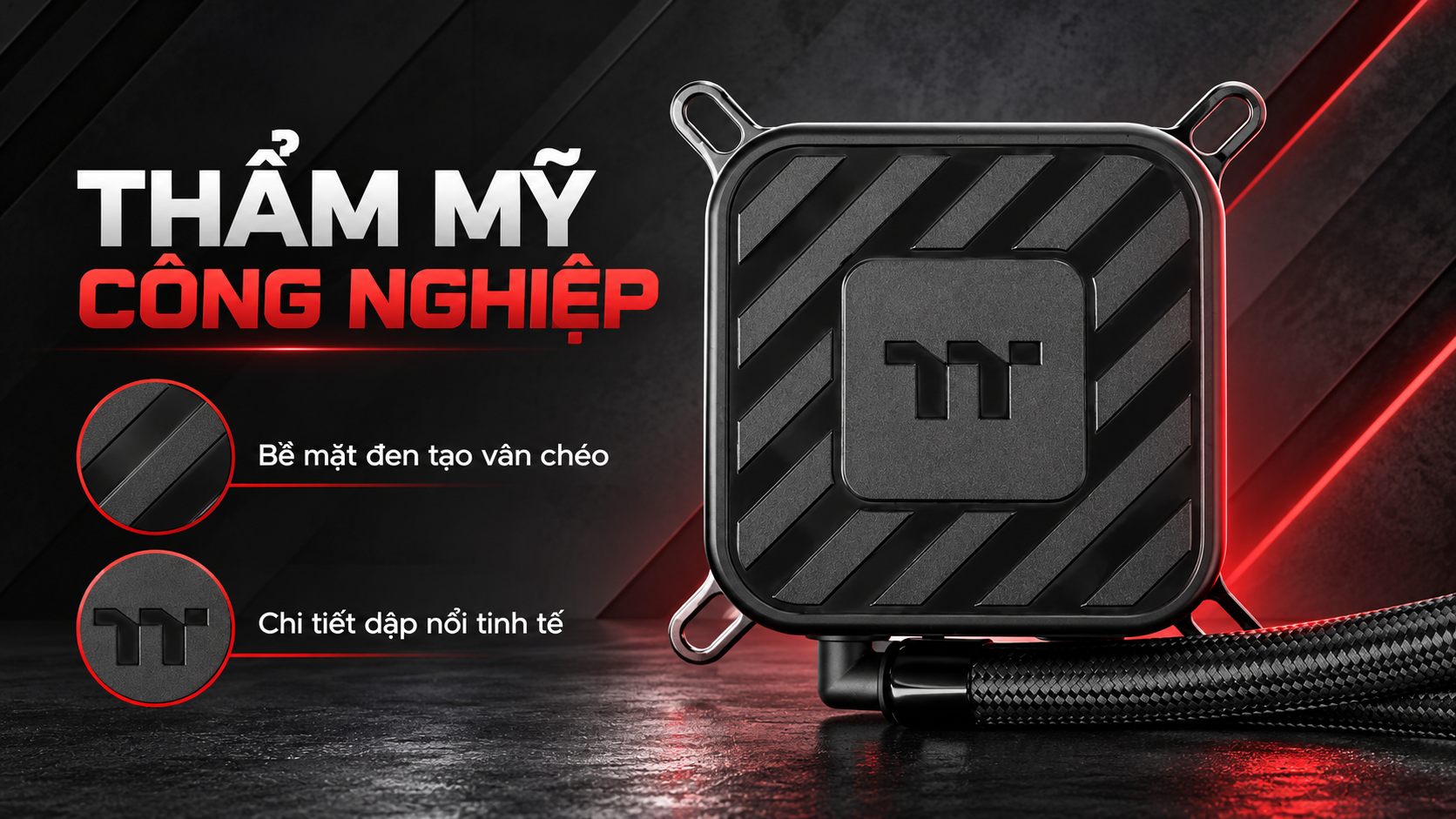 Tản nhiệt nước AIO Thermaltake OB360 2 Khối bơm Thermaltake OB360 với bề mặt đen và đường rãnh chéo