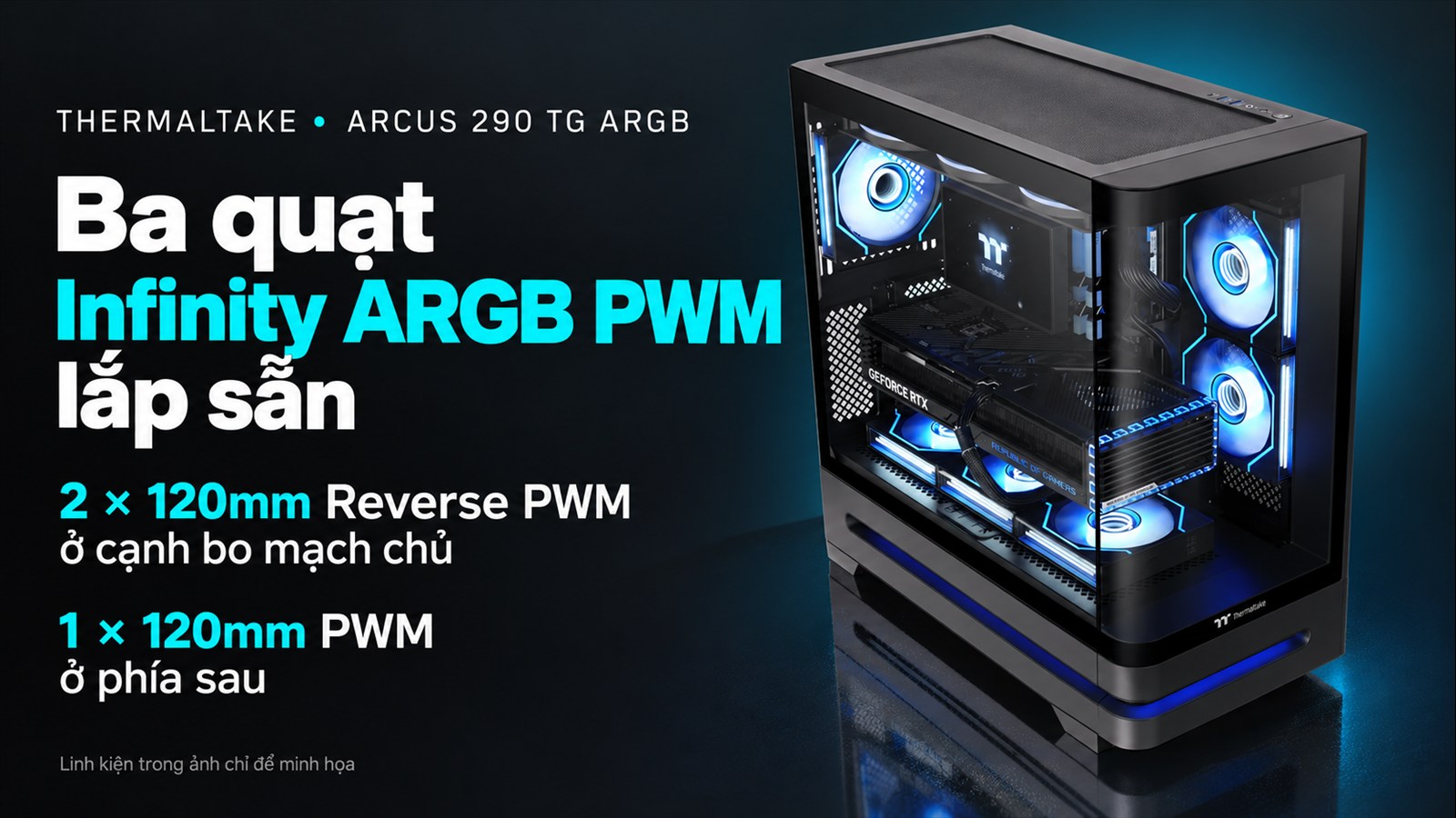 Thùng Máy Tính Thermaltake Arcus 290 TG ARGB 5 Thermaltake Arcus 290 TG ARGB – Ba quạt Infinity ARGB PWM được lắp sẵn