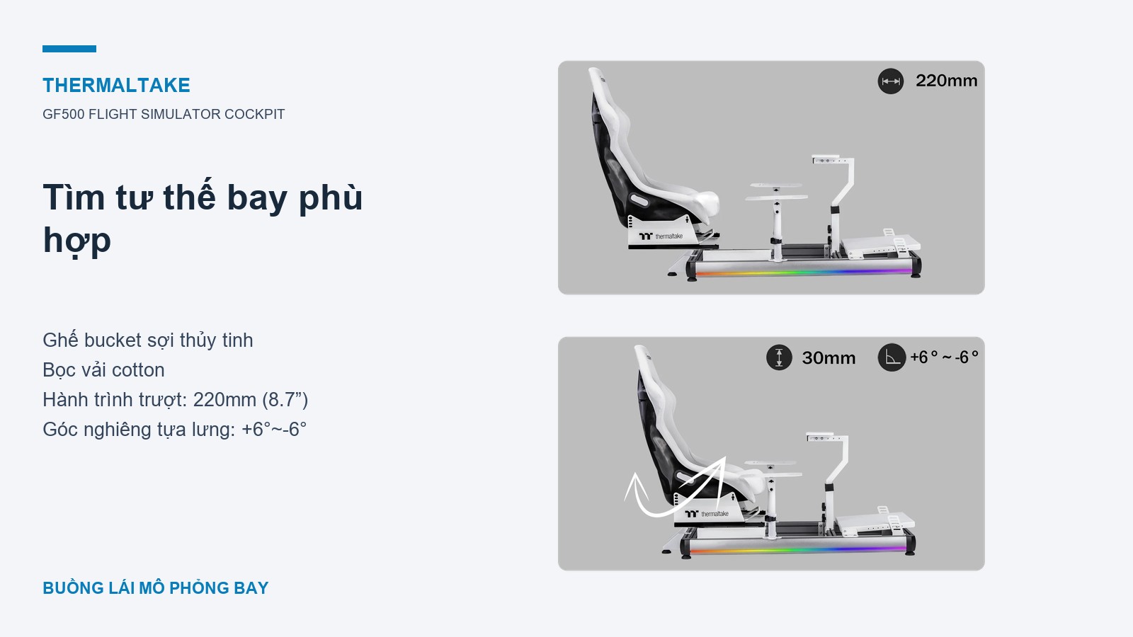Flight Simulator Cockpit Thermaltake GF500 5 Thermaltake GF500 Flight Simulator Cockpit – Điều chỉnh ghế để tìm tư thế bay phù hợp